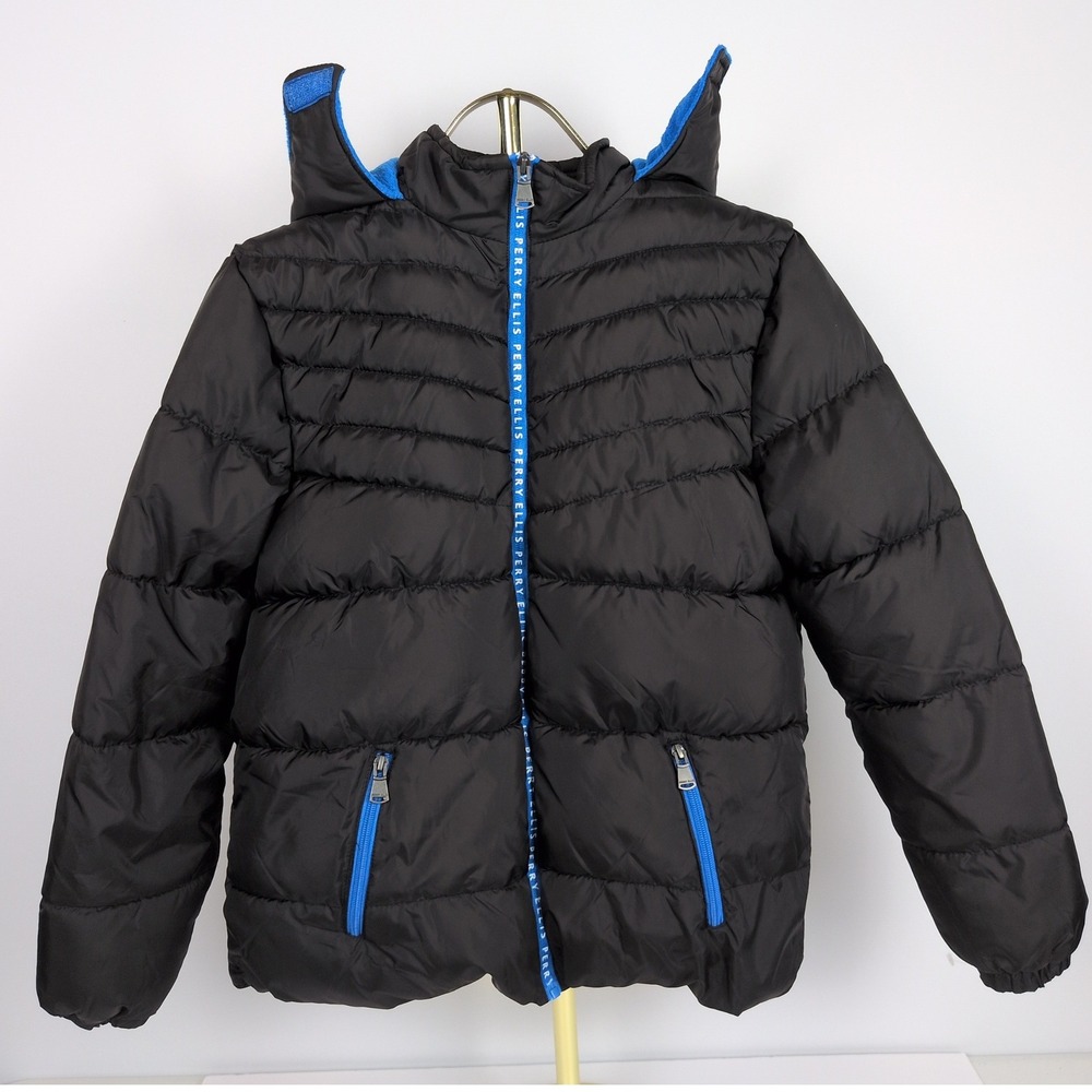 Perry Ellis Boy 14/16 Puffer Jacket Black Blue Fleece Lined Hooded Winter Coat